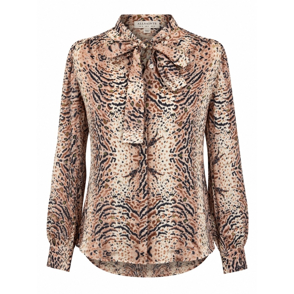 AllSaints Toni Arietta Blouse Size 4 Animal Print Tie Bow Button Front